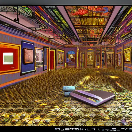 Image similar to the last virtual art museum in a 9 0's video game, made in 1 9 9 0, hyper detailed hd screenshot, in the style of a liminal space