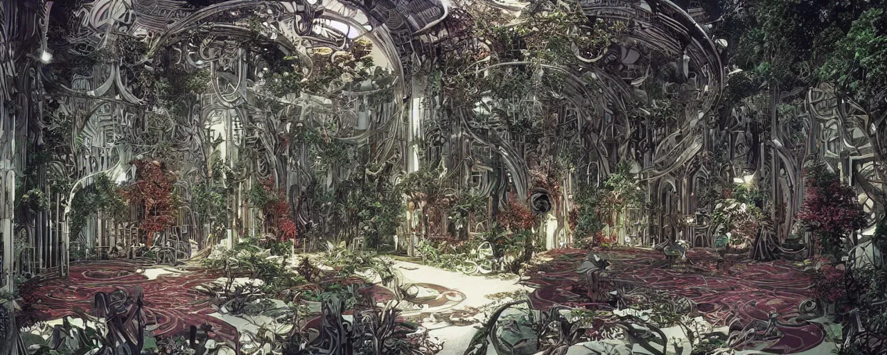 Image similar to a minimalist luxurious scifi futuristic victorian garden courtyard by killian eng, moebius, philippe druillet