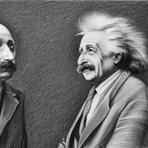 Image similar to Einstein and Newton speaks each other on a topic, pencil drawing, ultra detailed