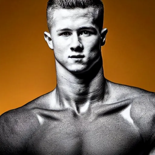 Image similar to “ a realistic detailed photo of a guy who is an attractive humanoid who is half robot and half humanoid, who is a male android, football player christian mccaffrey, shiny skin, posing like a statue, blank stare, on the field, on display ”