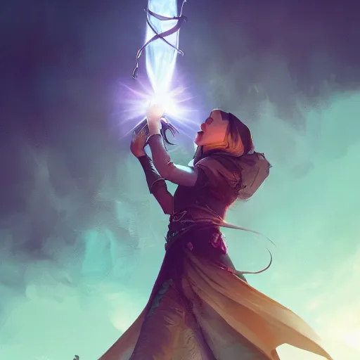 Image similar to a female mage wields the hanged man tarot card, dark fantasy background, Apex Legends character digital illustration portrait gorgeous lighting, wide angle action dynamic portrait, perspective shot, art by Sam Spratt