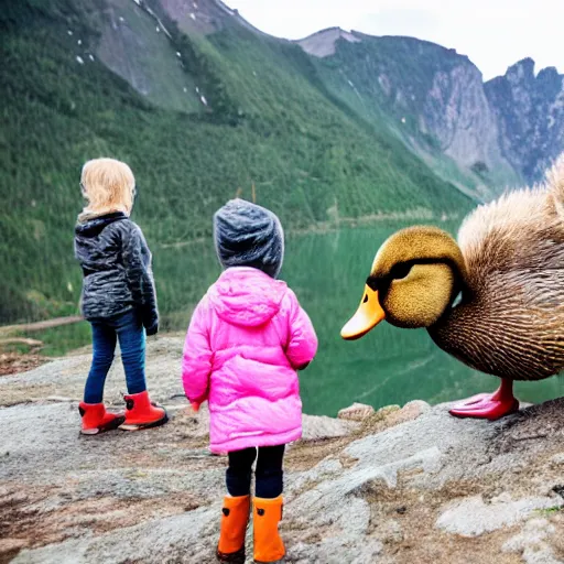 Prompt: A giant duck walking around a mountain area with small people standing around looking amazed at the huge duck