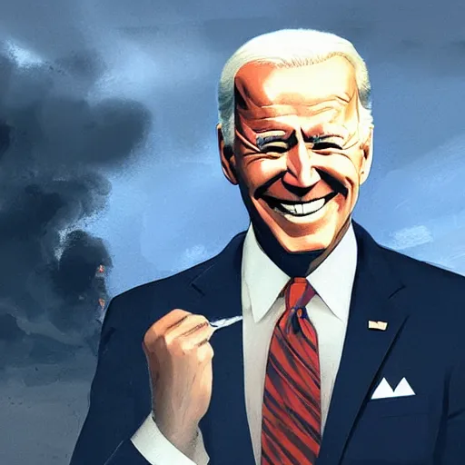 Image similar to joe biden smiling with blood in his face while behind him the world is burning, dramatic lighting, cinematic, establishing shot, extremly high detail, photorealistic, cinematic lighting, artstation, style by James Gurney