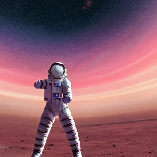Prompt: a wide angle shot from below of a female astronaut with an athletic feminine body walking with swagger towards camera on mars in an infinite universe, synthwave digital art
