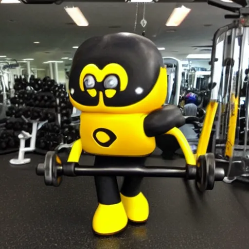 Prompt: Bumble Bee getting jacked at the gym.