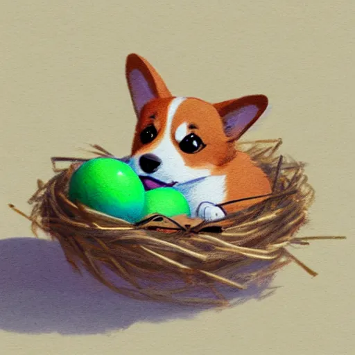 Prompt: concept art of a baby corgi hatching from an egg in a colorful nest, realistic, detailed, cel shaded, in the style of makoto shinkai and greg rutkowski and james gurney