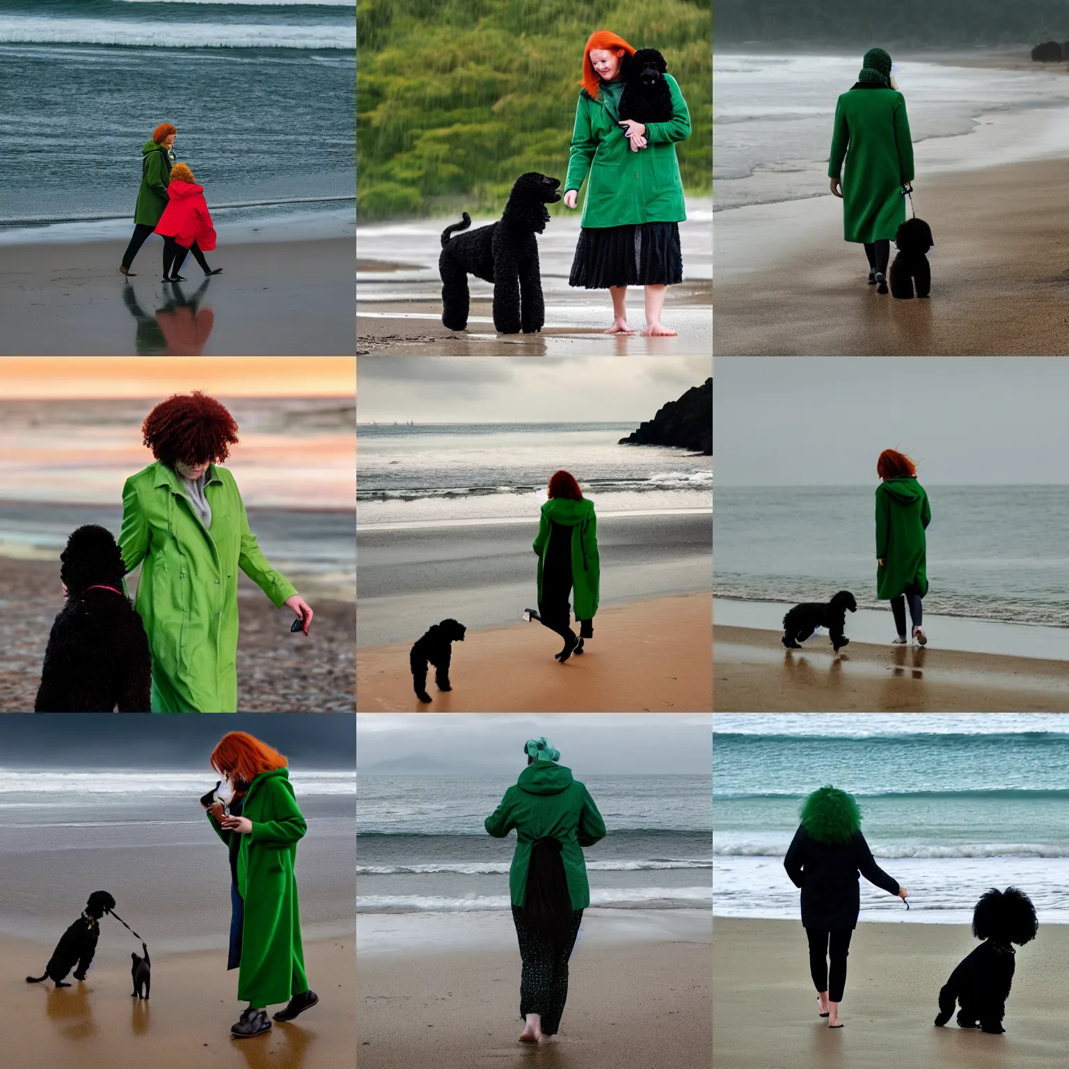 Prompt: ginger woman in green coat walking her black poodle on the beach while watching her phone on a rainy day at dusk