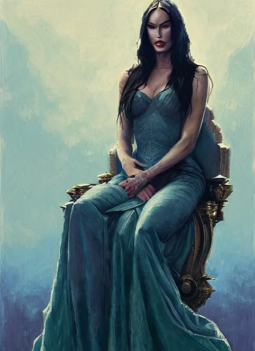 Image similar to megan fox dressed like a queen on a throne, calm, fantasy character portrait, dynamic pose, above view, artwork by jeremy lipkin and giuseppe dangelico pino very coherent asymmetrical artwork, sharp edges, perfect face, simple form, 1 0 0 mm