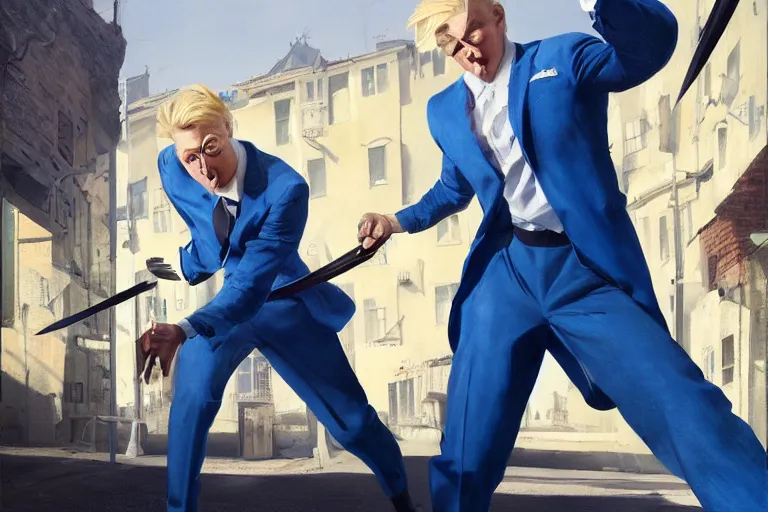 Image similar to a blond man in a blue suit attacked by flying swords, organic painting, sunny day, matte painting, bold shapes, hard edges, street art, trending on artstation, by huang guangjian, gil elvgren, ruan jia, randy vargas, greg rutkowski