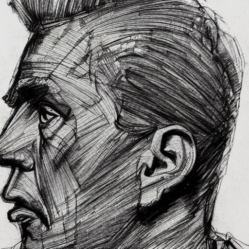 Prompt: a realistic yet scraggly portrait sketch of the side profile of a stern and sophisticated max headroom, trending on artstation, intricate details, in the style of frank auerbach, in the style of sergio aragones, in the style of martin ansin, in the style of david aja, in the style of mattias adolfsson