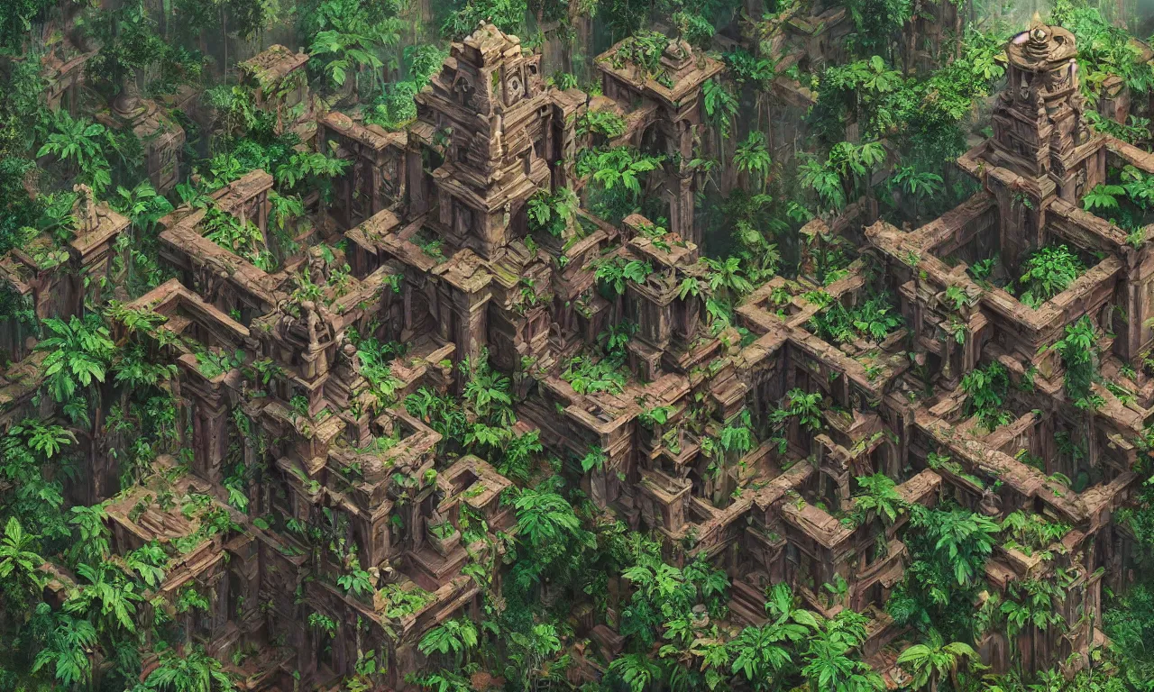 Prompt: A hyper real comic book style portait painting of jungle temples in the style of MC Escher, Maurits Cornelius Escher, unreal 5, hyperrealistic, octane render, RPG portrait, dynamic lighting