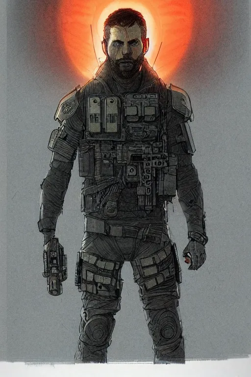 Image similar to ghost. Buff blackops mercenary in near future tactical gear and cyberpunk headset. Blade Runner 2049. concept art by James Gurney and Mœbius.