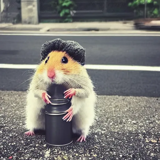 Image similar to “ hamster dressed as a homeless person sitting at an intersection with arms stretched out holding a tin can, trash on ground, sad atmosphere ”