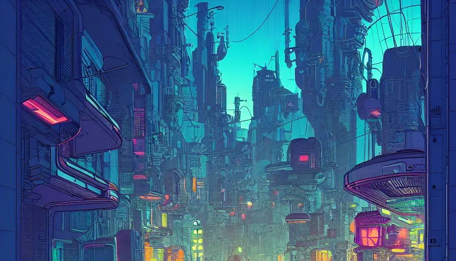 Prompt: an alley of a futuristic city at night by moebius and kilian eng, atmospheric, fine details, vivid, neon, masterpiece