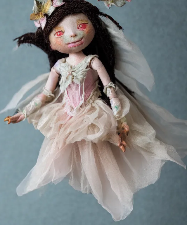 Image similar to high quality presentation photo of a detailed fairy doll in the style of Nicoletta Ceccoli photography 4k f1.8 anamorphic bokeh 4k Canon Nikon