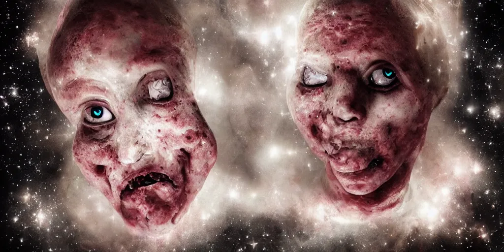 Image similar to photo of a cosmic doll with a terrifying and threatening face, horror surreal art