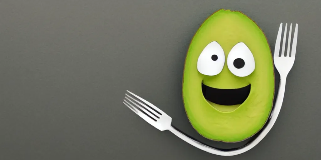 Image similar to cute little smiling avocado robot with cute eyes and forks instead of arms, logo style