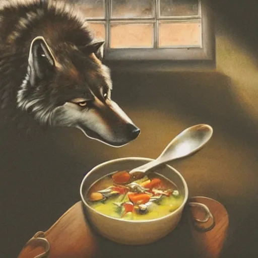 Prompt: a wolf drinking soup