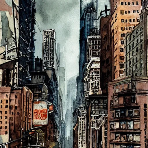 Image similar to post apocalyptic new york city. watercolor. highly detiled. spooky atmosphere.