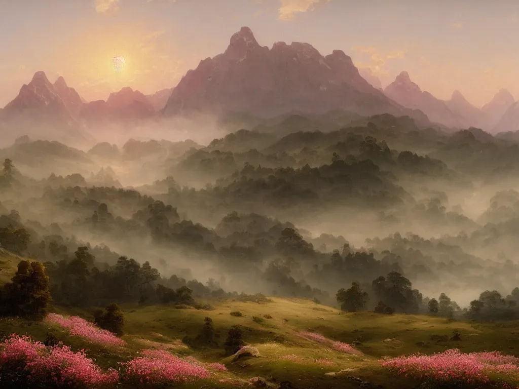 Image similar to epic landscape with rolling hills, groups of old trees with flower meadows in between in early morning light, small pink clouds in the sky and and misty mountains with snowy tops in the far background by alexandre calame and bob ross, godrays, velvia 5 0, large format camera, artstation, vray render