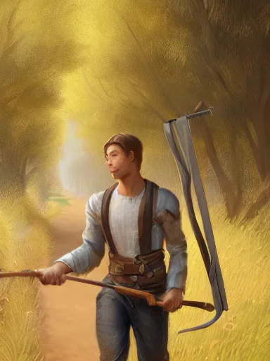 Prompt: portrait of a youthful handsome man walking in a rural area holding a staff. intricate, elegant, highly detailed, digital painting, artstation, concept art, sharp focus, illustration, by justin gerard and artgerm, 8 k