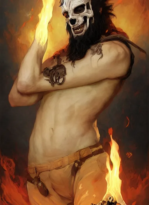 Image similar to character concept portrait of an attractive young angry Spanish wizard with pale black skin and a parital skull mask enchanting a flaming seduction spell, a floating burning spell book in the center, intricate, elegant, digital painting, concept art, smooth, sharp focus, illustration, from Metal Gear, by Ruan Jia and Mandy Jurgens and William-Adolphe Bouguereau, Artgerm