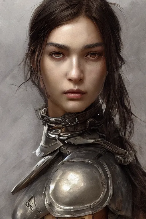 Image similar to a photorealistic painting of an attractive young girl, partially clothed in battle armor, olive skin, long dark hair, beautiful bone structure, symmetrical face, perfect eyes, intricate, elegant, digital painting, concept art, illustration, sharp focus, minimal artifacts, from Metal Gear, in the style of Ruan Jia and Mandy Jurgens, by Greg Rutkowski, trending on Artstation, award winning