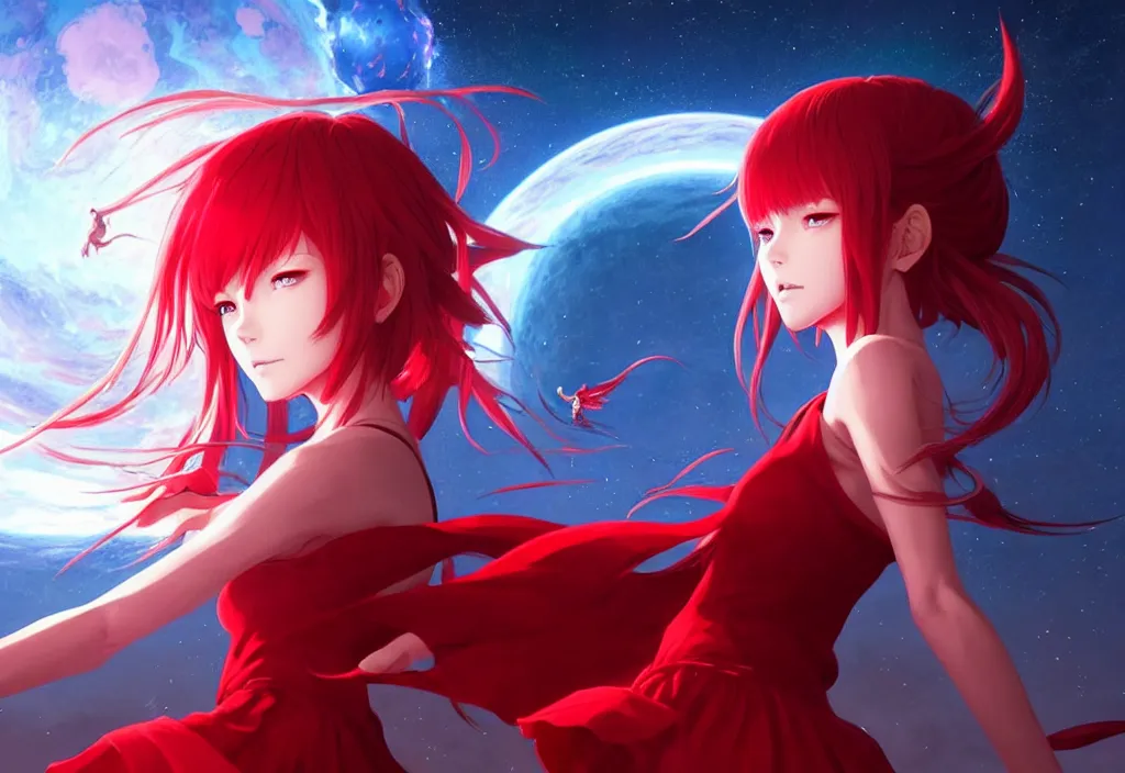 Image similar to red dressed summoner girl fighting against outer gods with their creatures. floating planets on the background, box office hit, fantasy and cosmic horror movie, unreal engine, intricate, highly detailed 8 k, ambient occlusion, extremely beautiful and aesthetic shape of face and body, art by hiroaki samura and ilya kuvshinov and rossdraws
