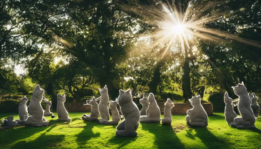 Image similar to A park full of trees and flowers with statue cats forming a circle ,god rays, incredible lighting, 4k photography award winning,