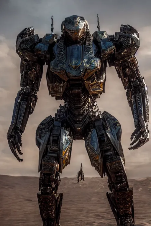 Image similar to cinematic still in dune movie and pacific rim movie and ps 5 game machine warrior 5, intricate ornate humanoid mecha warrior,