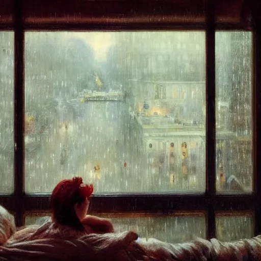 Image similar to on a rainy day, someone in home sits in bed, curled up under the covers, watching the rain outside the window, cinematic, artstation, extremely detailed, intricate, cinematic lighting, art by pierre - auguste renoir, arie johannes lamme