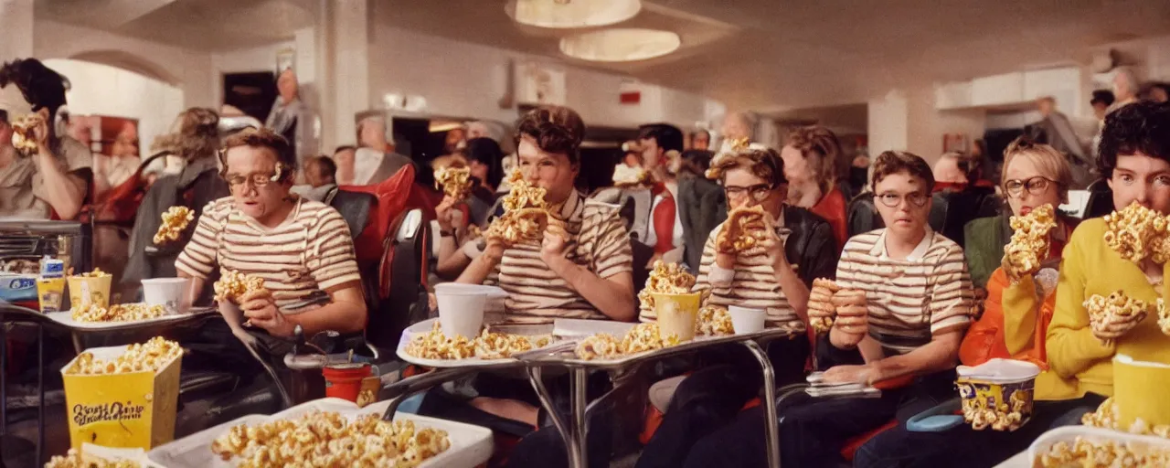 Prompt: people at the movies eating spaghetti out of a popcorn container, kodachrome, in the style of wes anderson, retro