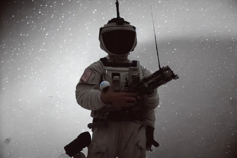 Image similar to a military soldier in outer space, film photography, soft lighting, nostalgia, 8 mm