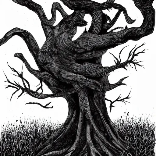 Image similar to forest illustration, full body, dark fantasy, black ink on white paper, sketched 4k