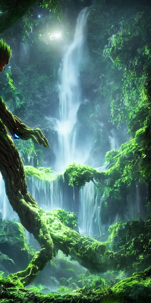 Prompt: photorealistic full shot of Groot under waterfall at moonlight, green color palette, high detail, unreal engine 4k volumetric light, fog,