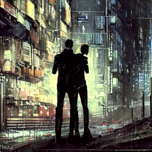 Image similar to a heartfelt unspoken love story between two robots overlooking a crumbling empty city, third person, cyberpunk, dystopia, rain, bittersweet, realism, painting