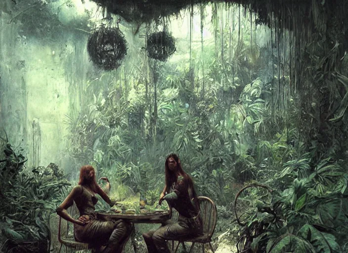 Image similar to interior shot of a lush jungle with two steam punk explorers navigating the harsh terrain, masterpiece, painterly, art by artem demura, emotion,