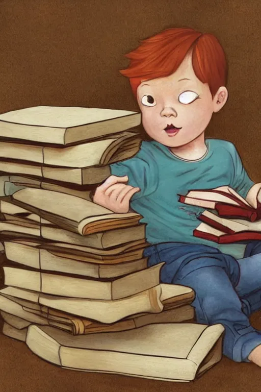 Image similar to a little boy with ginger hair sits cross legged on top of a tall pile of books. he is reading. clean elegant pretty cartoon painting, beautiful detailed face, storybook illustration.