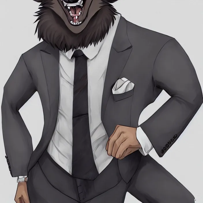 Prompt: a handsome werewolf boyfriend in a dapper suit, furry art, trending on artstation, 8 k