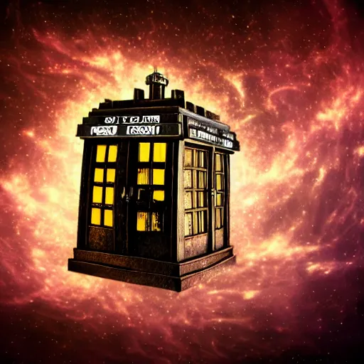 Image similar to Steampunk Tardis floating in vortex, cloudy, sparks, yellow, cinematic, highly detailed