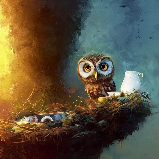 Prompt: long shot of a very cute owl chick nesting in a very futuristic cup, esao andrews, m. w. kaluta, john berkey, humorous illustration, hyperrealistic, big depth of field, warm colors, night scenery, low light, 3 d octane render, 4 k, conceptart, hyperdetailed, hyperrealistic, trending on artstation