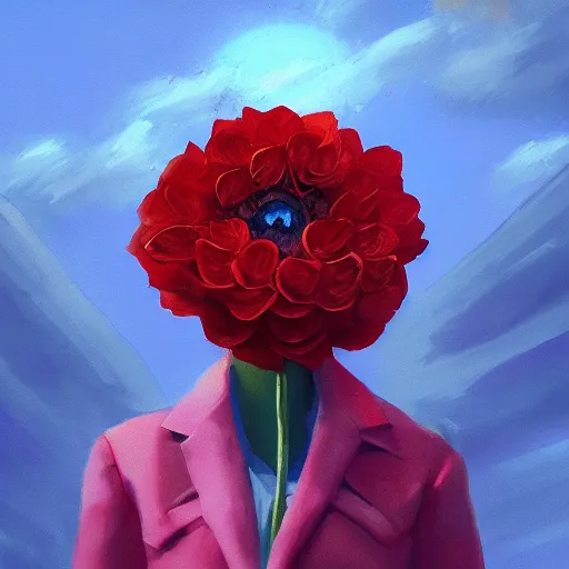 Prompt: closeup, giant rose flower head, portrait, girl in a suit, surreal photography, sunrise, blue sky, dramatic light, impressionist painting, digital painting, artstation, simon stalenhag