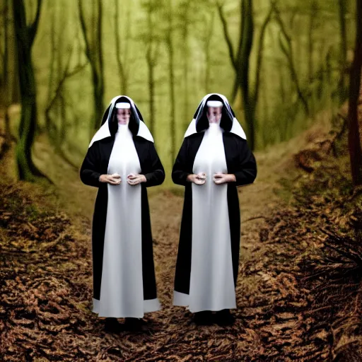 Image similar to award winning photo Floating twin nuns faces like dogs, wearing translucent habits Very long arms, in a forest, eerie, frightening —width 1024 —height 1024