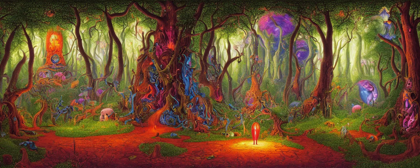 Prompt: a photorealistic highly detailed painting of a magic portal in the forest by johfra bosschart, lisa frank, ithell colquhoun, visionary art, dark fantasy art, high detail, trending on artstation