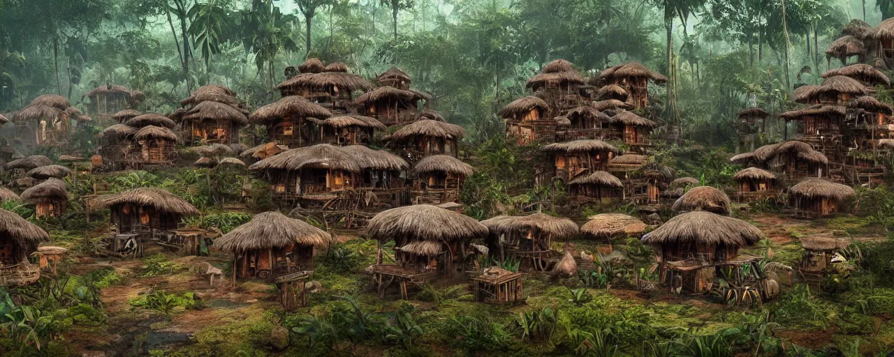 Prompt: an intricate concept art of a tribal houses in the middle of the amazon rainforest, artstation, sci - fi, hyper realistic, concept art, art by dylan cole, cinematic lighting, octane render