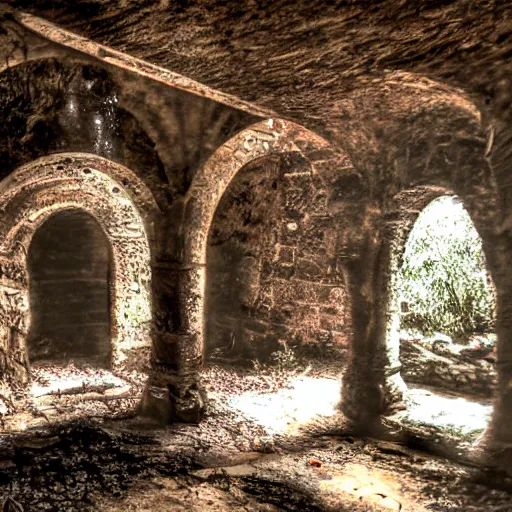 Prompt: inside the old sewers in the ruined part of the city. fantasy art, light breaking through cracks in the ceiling, water, vines, ruins, abandoned spaces, dungeons and dragons. - n 9