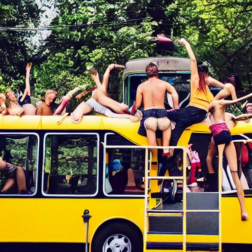 Prompt: A yellow bus with a pool and barbecue filled with people having a party going on a trip, chaotic, mess, crazy, photograph