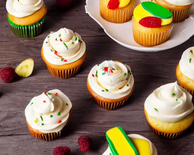 Image similar to dslr food photograph of delicious cupcakes with slices of pickle on them, 8 5 mm f 1. 4