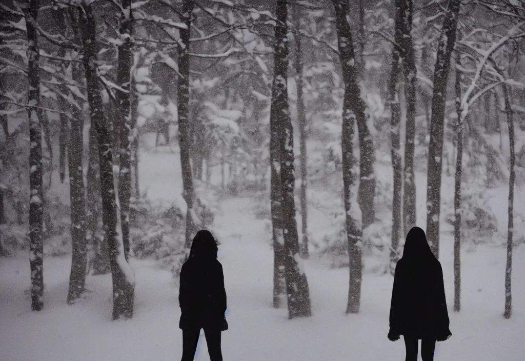 Prompt: lomo photo of a female silhouette standing in front of a snowy cabin, cinestill, bokeh, out of focus, day, dramatic lighting