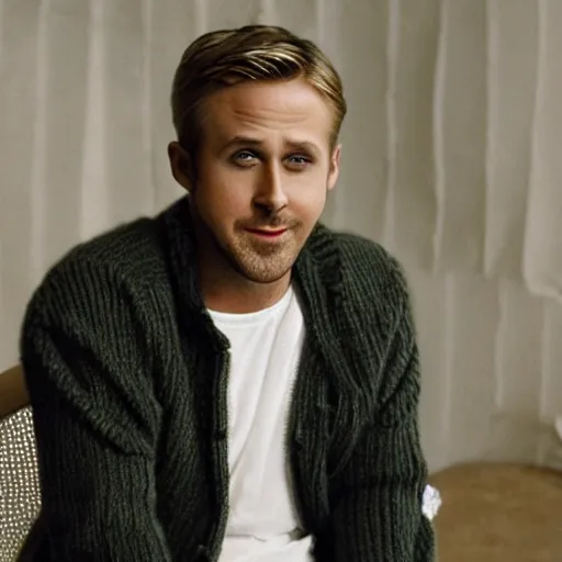 Prompt: ryan gosling in a white jacket is sitting on a chair, but it is knitted from yarn, preservation of lethality, proportions, quality, realism, focus in the foreground,